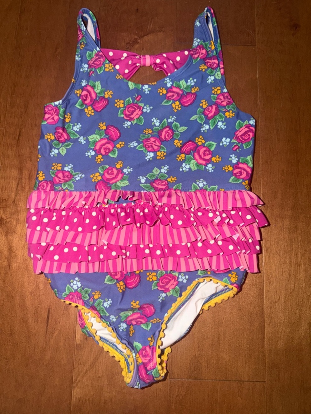 Matilda Jane Blue Floral One-Piece Swimsuit with Pink Ruffles